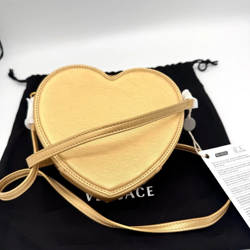 NWT Versace Heart Medusa Crossbody Strap Bag Gold Leather Kids Purse Logo Plaque